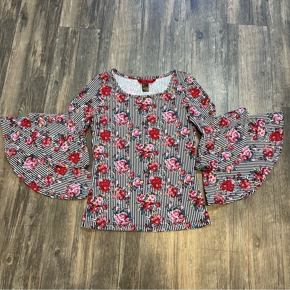 Hot Kiss Floral Fitted Sweetheart Neck Double Ruffled Bell 1/4 Long Sleeves S - Picture 6 of 9